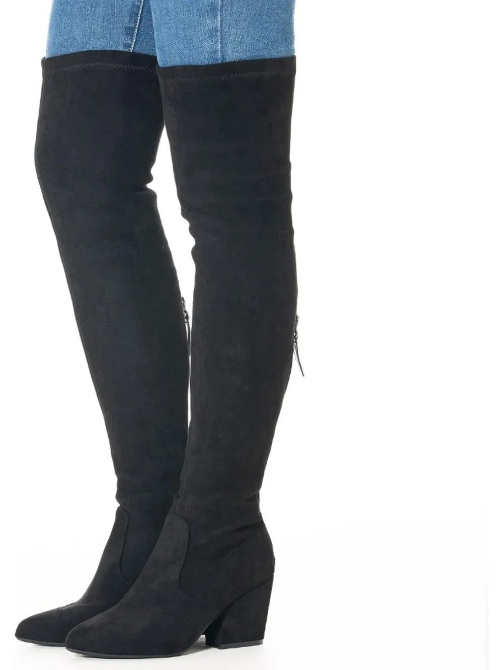 Women's Black 3 Inches Pointed Toe Chunky Block Heel Over The Knee High Boots